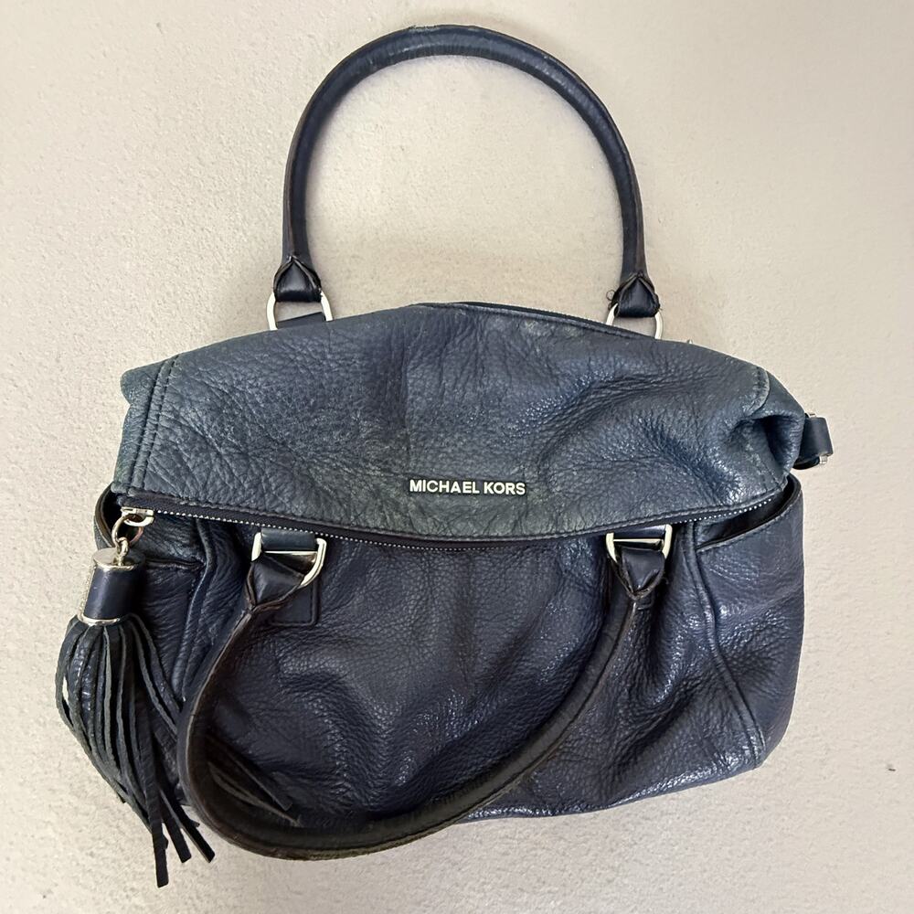 Michael Kors Navy Pebbled Leather Satchel Top Zip Tassel Charm Handbag